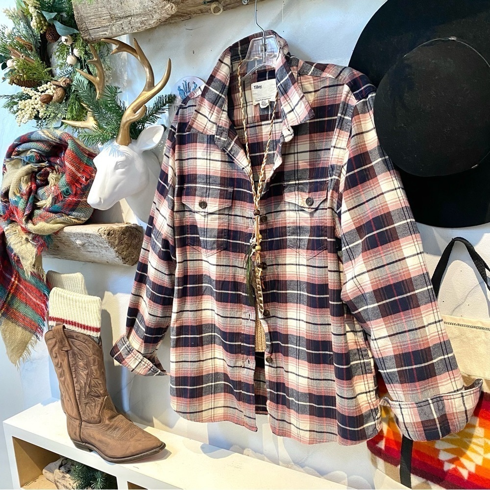 TILLEY organic cotton summer flannel plaid cabin boho shirt cottage Country vibe